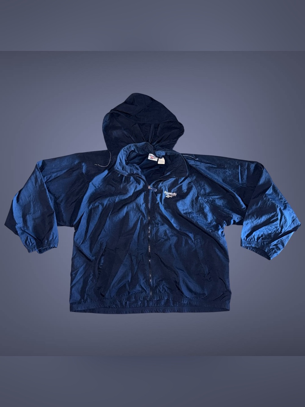 Vintage 90s Reebok Vector Embroidered Full-Zip Hooded Windbreaker Jacket Mens XL